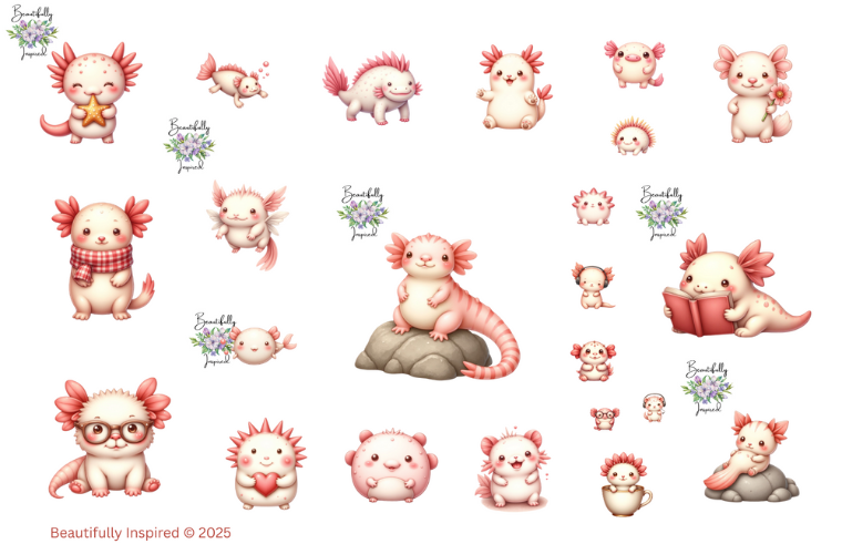 Axolotl Glossy Transparent Waterproof Peel and Stick, Sticker Sheets