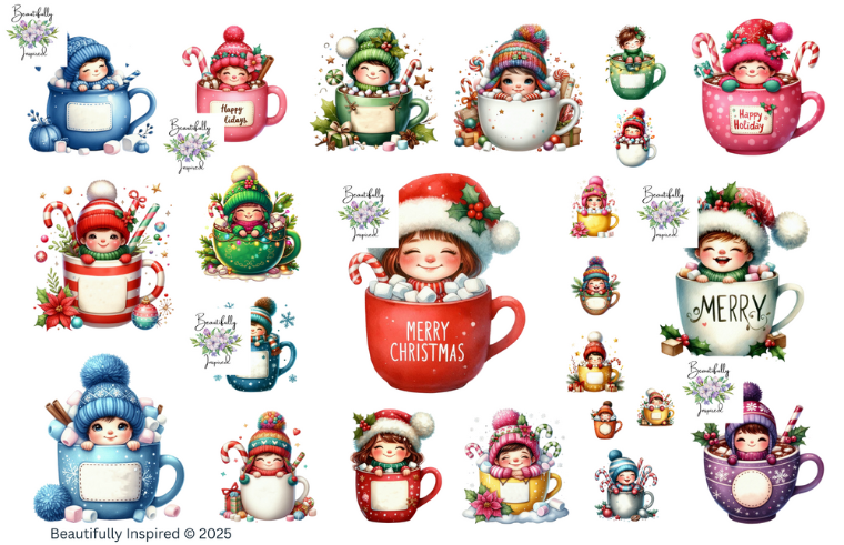 Hot Cocoa Gnome Girl Glossy Transparent Waterproof Peel and Stick, Sticker Sheets