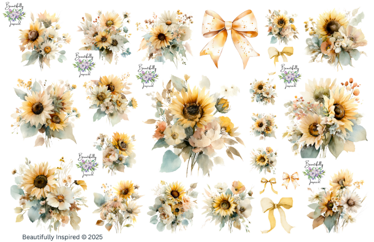 Boho Sunflower Glossy Transparent Waterproof Peel and Stick, Sticker Sheets