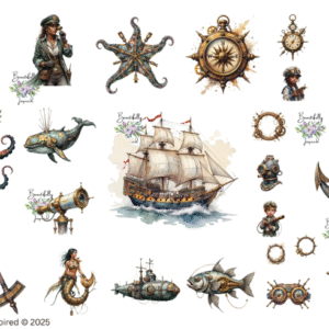 Nautical Steampunk Glossy Transparent Waterproof Peel and Stick, Sticker Sheets