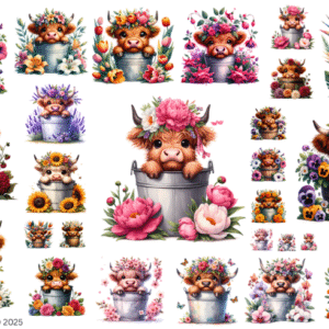 Floral Highland Cow Glossy Transparent Waterproof Peel and Stick, Sticker Sheets