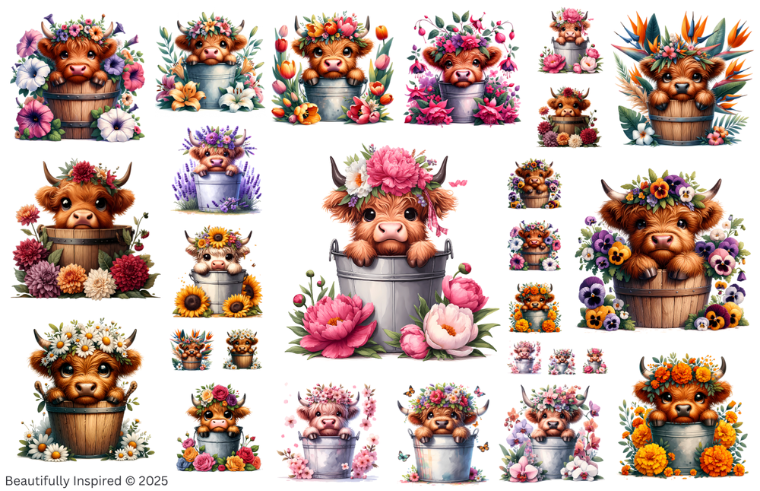 Floral Highland Cow Glossy Transparent Waterproof Peel and Stick, Sticker Sheets