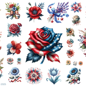 July 4th Flowers Glossy Transparent Waterproof Peel and Stick, Sticker Sheets