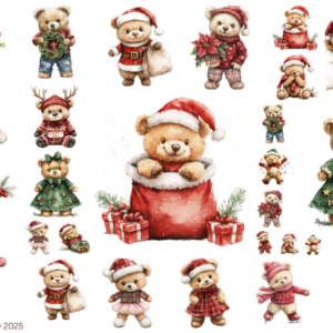 Vintage Teddy Christmas Bears Transparent Waterproof Peel and Stick, Sticker Sheet