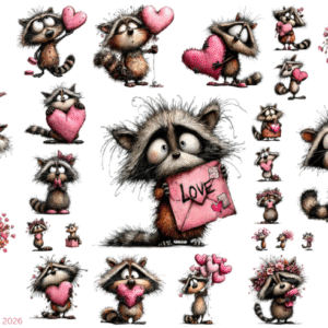 Quirky Raccoon Valentine Transparent Waterproof Peel and Stick, Sticker Sheet