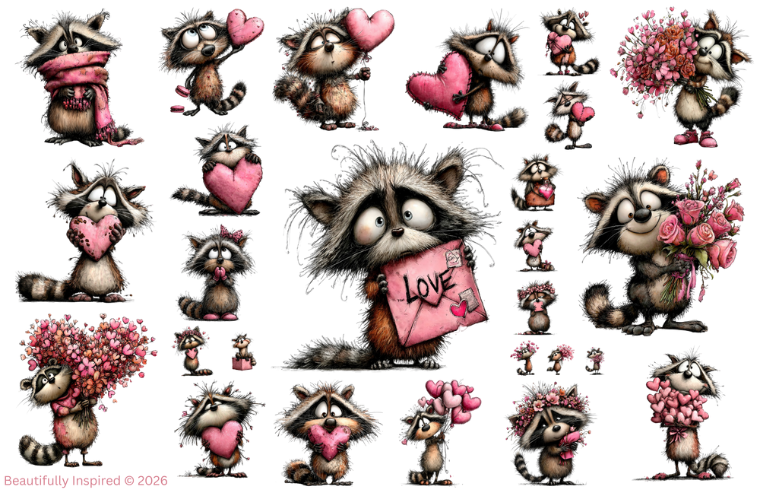 Quirky Raccoon Valentine Transparent Waterproof Peel and Stick, Sticker Sheet